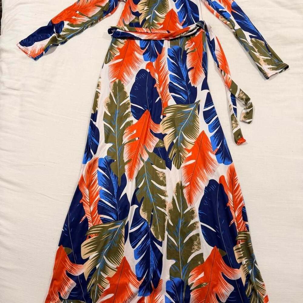 Tropical Leaf Print Romper Dress with Waist Tie, Size Small
